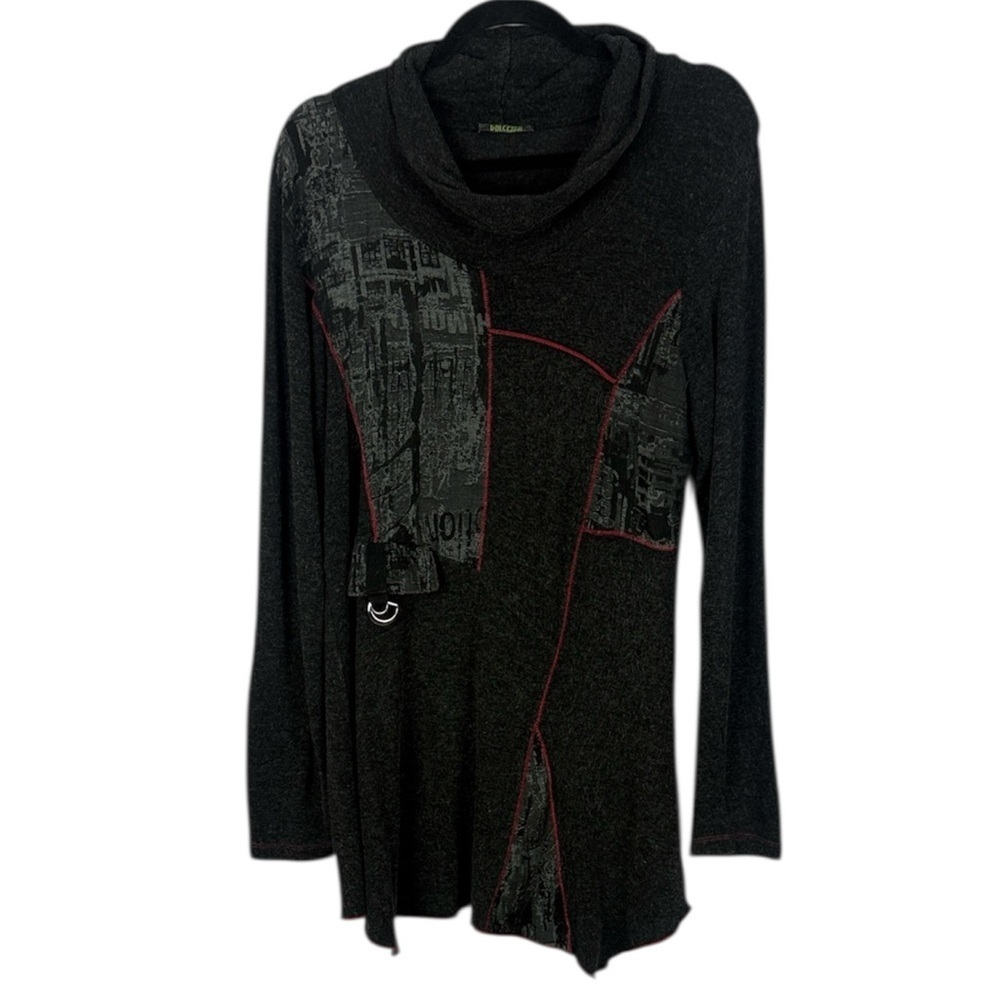 Dolcezza Black Gray Graphic Print Patchwork Long Sleeve Medium Tunic Sweater